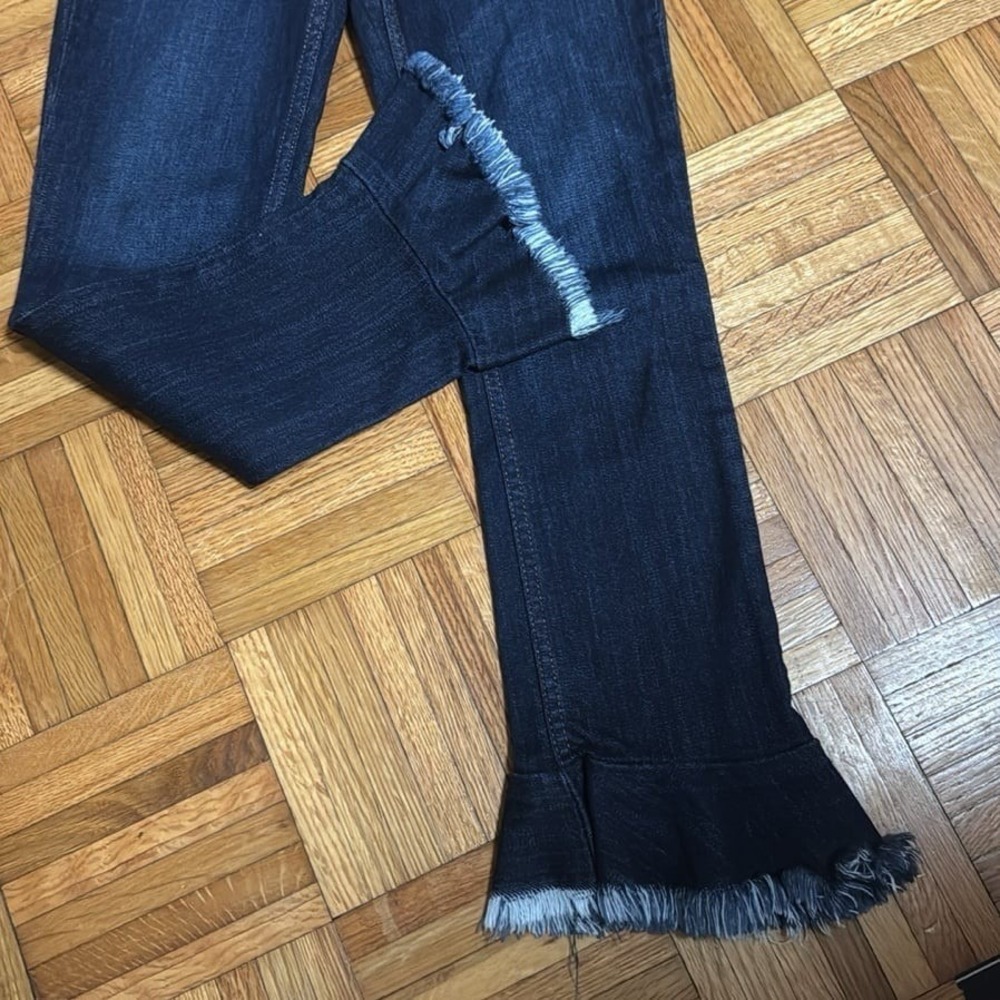 Alice + Olivia‎ LA Cropped Fringe Stretch ruffled hem cropped blue jeans 24 - Picture 3 of 8